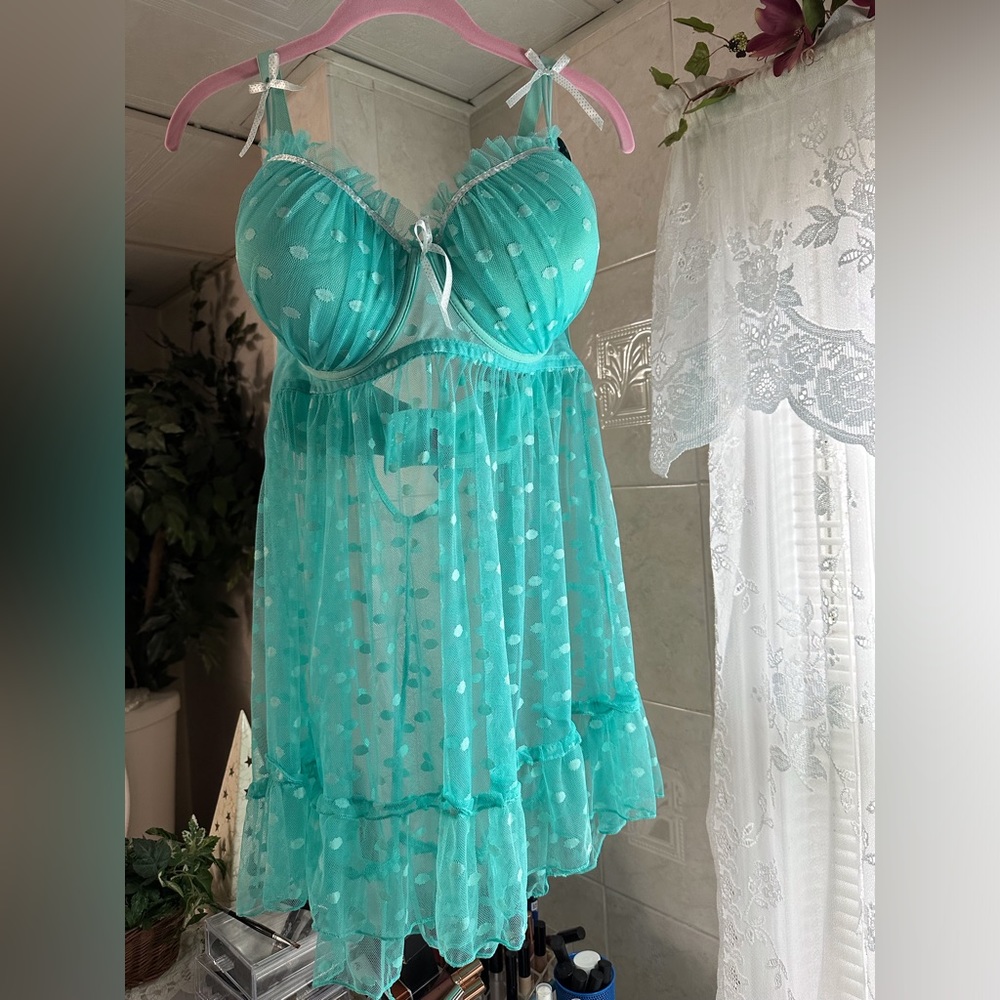 NWT Rene Rofe Teal Babydoll T-String 2 Piece Set